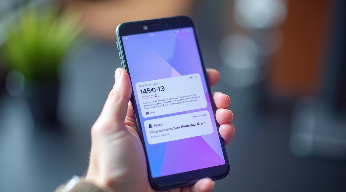 Mobitel s obavijestima o prikupljanju sredstava, moderna sučelja s ljubičastim akcentima